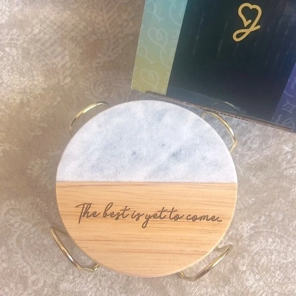 Brand New Genuine Marble & Organic Wood Coaster Set Engraved Gold Tone Holder